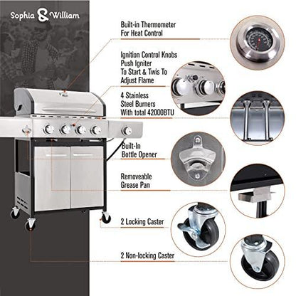 Sophia & William 4-Burner Gas BBQ Grill with Side Burner and Porcelain-Enameled Cast Iron Grates 42,000BTU Outdoor Cooking Stainless Steel Propane Grills Cabinet Style Garden Barbecue Grill, Silver - CookCave