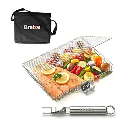 Braize Grill Basket with REMOVABLE HANDLE, fish grill basket - accessories for outdoor grill, cooking accessories, bbq grill. Grilling grilling set camping gear accessories. - CookCave