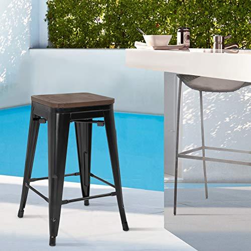 FDW 24 Inches Metal Bar Stools Set of 4 Counter Height Wood Seat Barstool Patio Stool Stackable Backless Stool Indoor Outdoor Metal Kitchen Stools Bar Chairs (Black) - CookCave