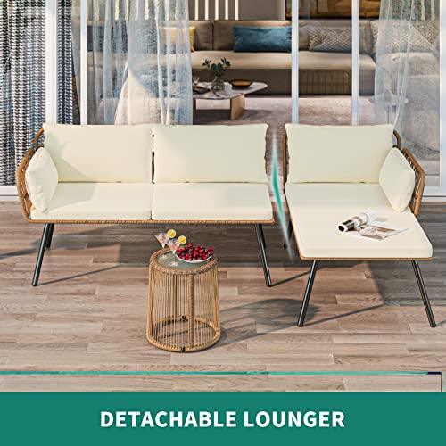 YITAHOME Rope Woven Sectional L-Shaped Sofa, 3 Pieces Patio Furniture Set for Patio Backyard Poolside, Wicker Conversation Set with Cushions, Detachable Lounger, Side Table - Beige - CookCave