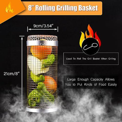 ITMIAYA Rolling Grilling Basket,BBQ Net Tube for Fruits/Vegetables/Meatballs/Sausage/Fish,for Family Gatherings/Party/Camping/Picnic/Barbecue (2pcs-8inch) - CookCave