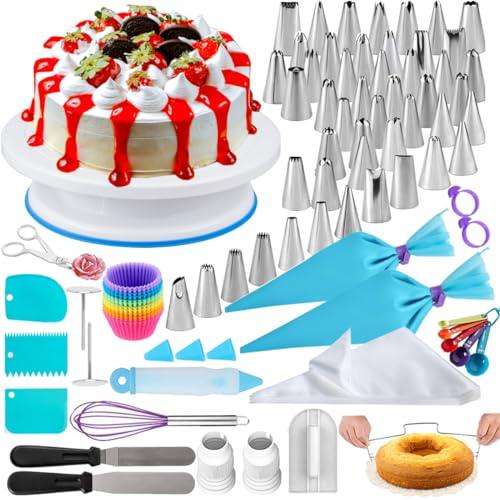 100Pcs Cake Decorating Supplies Kit - Cake Turntable Set with 48 Icing Piping Tips, 20 Disposable Pastry Bags, 2 Couplers, Baking Tools for Beginners, Cupcake Decorating Kit - CookCave