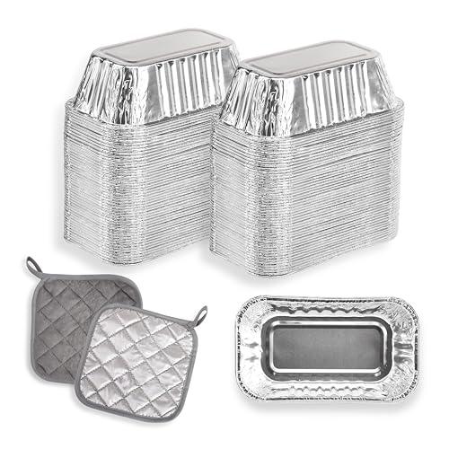 H & H Creations 100 Pack Mini Loaf Pans with 2 Hot Pads 6.25” x 3.75” x 1.75” Silver Aluminum Pan Disposable and Pot Holders - CookCave