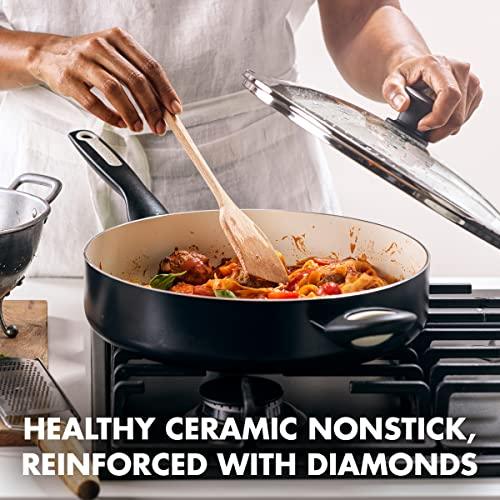 GreenPan Rio Healthy Ceramic Nonstick 5QT Saute Pan Jumbo Cooker with Helper Handle and Lid, PFAS-Free, Dishwasher Safe, Black - CookCave