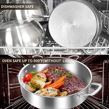 LOLYKITCH Whole Body Tri-Ply Stainless Steel 5.5 QT Saute Pan with lid,12 Inch Deep Frying Pan,Jumbo Cooker,Everyday Pan,Compatible with All Kinds Of Stoves. - CookCave