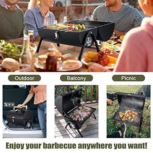 HaSteeL Portable Charcoal Grill, Small Folding Outdoor Grill, Mini Black Barbecue Grill with Thermometer, Compact Tabletop BBQ Grill for Camping Picnic Backyard Patio, 116 Square Inches & Screwdriver - CookCave