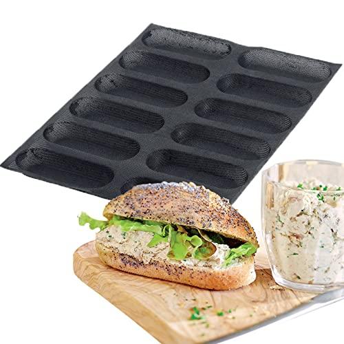 FETESUR Silicone Perforated Bread Mold for Baking, 12 Individual Oblong Baking Forms, Hot Dog Bun Mold, Silicone Molds for Making Crispy Bread Rolls, Eclairs and Milk Breads - CookCave