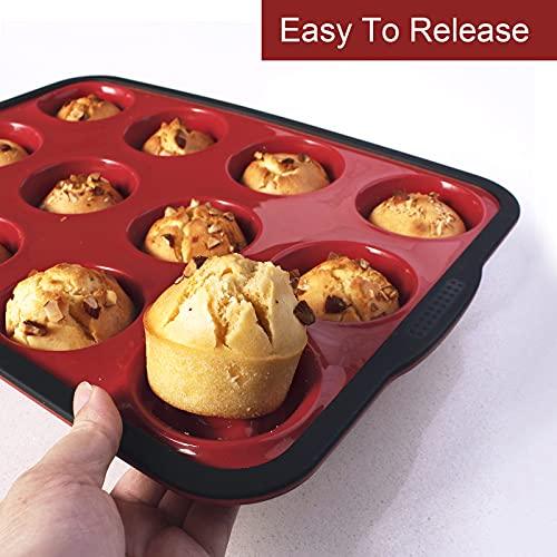 Aichoof Non-Stick Silicone Muffin Pan With Reinforced Stainless Steel Frame Inside,12 Cup Regular Muffin Baking Mold, 12 Cup Muffin Tin, BPA Free,Dishwasher Safe, Red - CookCave