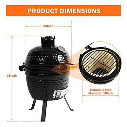oneinmil Kamado 13" Ceramic Charcoal Grill - Multifunctional Barbecue Grill for Variations on Cooking Methods, Outdoor Tabletop Portable Egg Style Black - CookCave