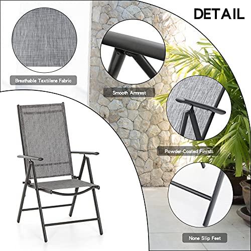 PHI VILLA Patio Folding Dining Chairs Set of 2 for Outdoor, Adjustable Patio Sling Chairs Reclining High Back Chairs with Armrest for Garden Lawn Pool Yard, Grey - CookCave