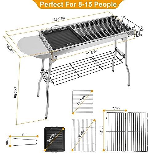 TeqHome Portable Charcoal Grill, Upgraded Folding Large Barbecue Charcoal Grill W/Board Shelf & Flavoring Storage Basket, Stainless Steel Frame, for 8 People Picnic Garden Terrace Camping Travel Use - CookCave