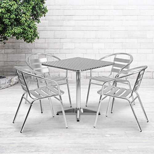 Flash Furniture Aluminum 5-Piece Patio Dining Set with Square Table and 4 Slat Back Chairs, Indoor/Outdoor Bistro Table and Chairs Set, Silver - CookCave
