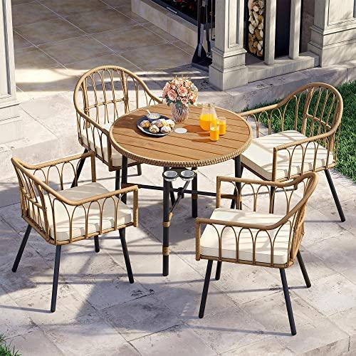 YITAHOME 5 Pieces Outdoor Patio Dining Table Chair Set,Wicker Patio Dining Set,Outdoor Rattan Dining Table Set for Patio, Backyard, Balcony, Garden (with Umbrella Hole) - CookCave