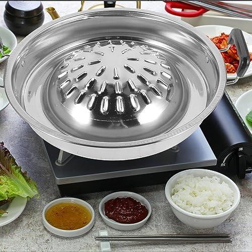 ABOOFAN Thai Korean BBQ Grill Pan Stainless Steel Barbecue Grill Topper Camping BBQ Pan for Shabu Vegetable Egg Pork Beef Meat Garlic Korean Cookware Silver - CookCave