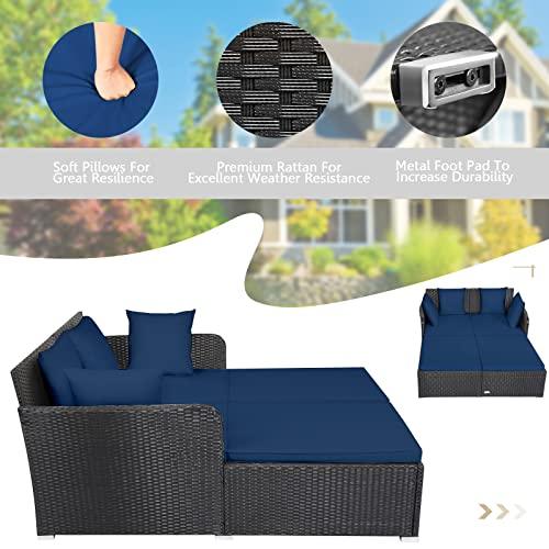 HAPPYGRILL Patio Rattan Daybed Outdoor Loveseat Sofa Set with Padded Cushion Pillows and Sturdy Aluminum Foot Wicker Patio Furniture for Garden Porch Poolside - CookCave