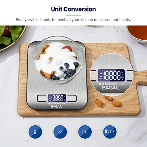 BAGAIL BASICS Digital Kitchen Scale, Premium Stainless Steel Food Scales Weight Grams and Oz for Baking and Cooking, 11lb/5kg with 0.1oz/1g Precision - CookCave