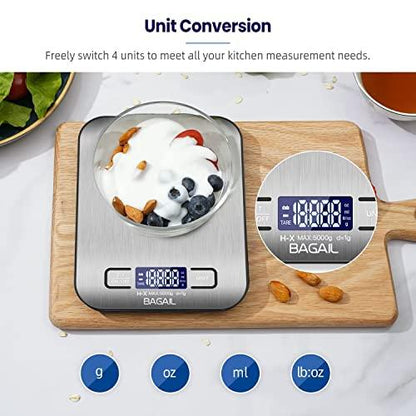 BAGAIL BASICS Digital Kitchen Scale, Premium Stainless Steel Food Scales Weight Grams and Oz for Baking and Cooking, 11lb/5kg with 0.1oz/1g Precision - CookCave