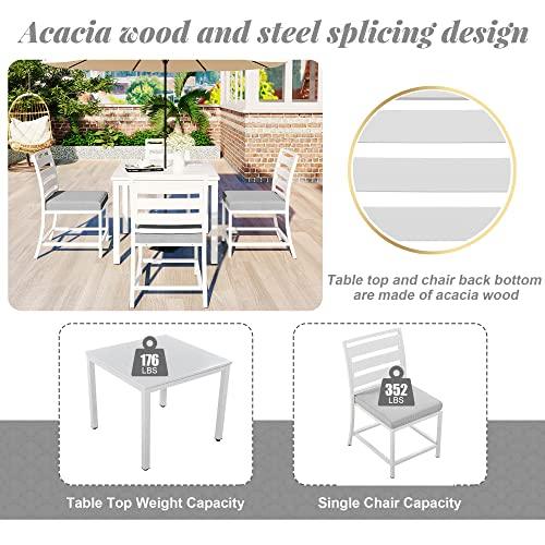 EMKK 5-Piece Indoor Outdoor Wicker Dining Set Furniture for Patio, Backyard w/Square Glass Tabletop, Umbrella Cutout, 4 Chairs, H-White - CookCave