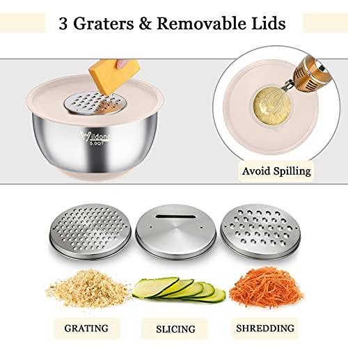 Wildone Mixing Bowls with Airtight Lids, 22 PCS Stainless Steel Nesting Bowls, with 3 Grater Attachments, Scale Marks & Non-Slip Bottom, Size 5, 4, 3, 2,1.5, 0.63QT, Ideal for Mixing & Prepping - CookCave