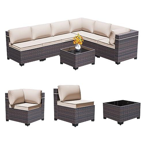 RTDTD Outdoor Patio Furniture Set, 7 Pieces Outdoor Furniture All Weather Patio Sectional Sofa PE Wicker Modular Conversation Sets with Coffee Table,6 Chairs & Seat Clips Brown - CookCave