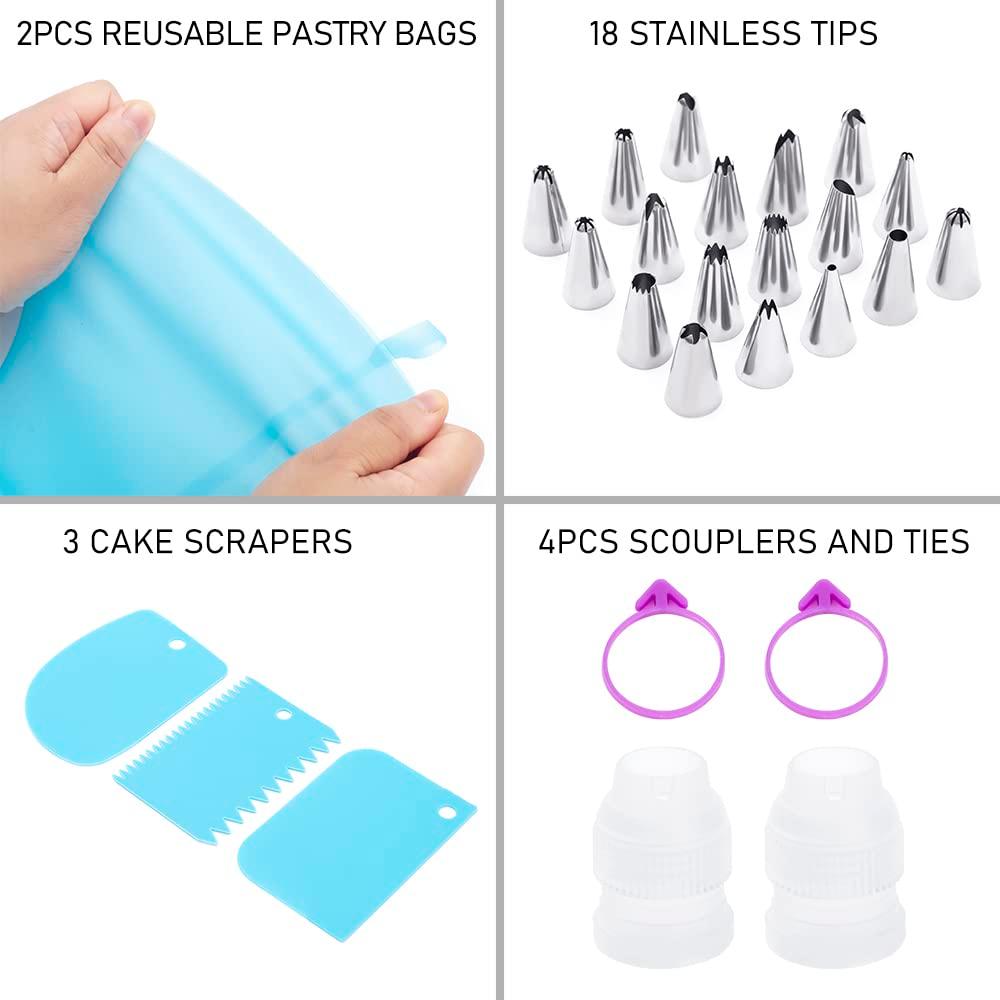 Wddeevoi Piping Bags and Tips Set, Cakes Decorating Kit Supplies with 2 Reusable Pastry Bags, 18 Frosting Tips, 2 Couplers, 2 Bag Ties, 3 Cake Scraper, Cake Decorating Tools for Cookie Icing - CookCave