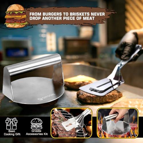 SSTOOHL Smash Burger Press Kit, Burger Smasher for Griddle with Burger Spatula, Griddle Accessories Kit for Flat Griddle, Stainless Steel Hamburger Press & BBQ Tong, Grilling Cooking Gift - CookCave