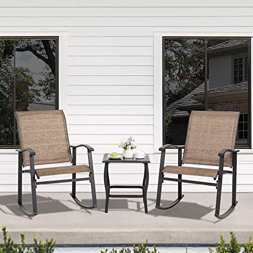 Shintenchi 3 Piece Rocking Bistro Set, Outdoor Furniture with Rocker Chairs and Glass Coffee Table Set of 3, Balcony, Porch Furniture for Small Space, Brown - CookCave