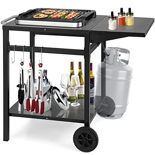 Giantex Outdoor Pizza Oven Stand Grill Cart with Wheels, Foldable Side Table, Gas Tank Hook, 4 Removable Hooks, Double-Shelf Movable Dining Cart Food Prep Worktable Trolley for Outside Kitchen BBQ - CookCave