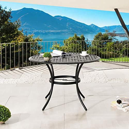 LOKATSE HOME 42.1" Outdoor Round Cast Wrought Iron Patio Metal Dining Table with Umbrella Hole, Steel Frame for Backyard Lawn Balcony Deck, Black - CookCave