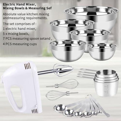 Hand Mixer Electric Mixing Bowls Set, 5 Speeds Handheld Mixer with 5 Nesting Stainless Steel Mixing Bowl, Measuring Cups and Spoons 200 Watt Kitchen Blender Whisk Beater Baking Supplies For Beginner - CookCave