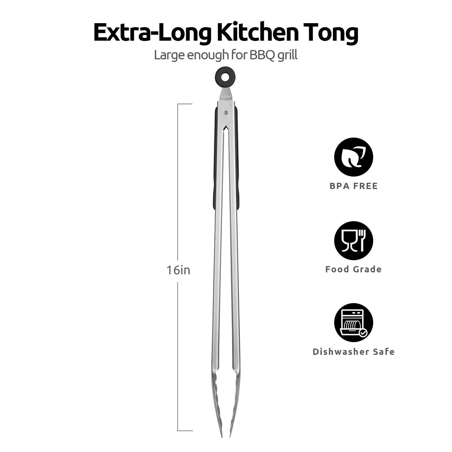 18/8 Stainless Steel Kitchen Tong: U-Taste 16 inch Extra Long Large Heat Resistant Cooking Tong with Sturdy Metal Tips & Non Slip Silicone Handle & Smooth Locking for Serving BBQ (Black) - CookCave