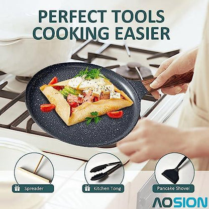 AOSION Crepe Pan Nonstick Dosa Tawa Pan,11 inch Flat Pan,Skillet Pan,Cast Aluminum Tortilla Pan for Pancake Omelette Steak Frying Egg with Ergonmic Handle,For All Stoves - CookCave