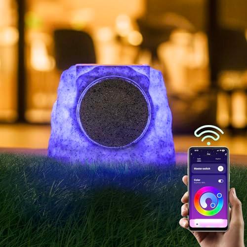 Outdoor Rock Speakers Waterproof IP65 Solar Powered Rechargeable Battery Powered Rock Speaker, Wireless Bluetooth Speaker with 7 LED Colors for Patio, Party, Pool, Deck, Yard, Garden and Home - CookCave
