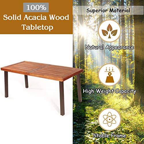 Tangkula Acacia Wood Outdoor Dining Table with Umbrella Hole, Modern Patio Table with Rustic Finished Steel Legs, Indoor & Outdoor Rectangular Table for Garden Park Poolside Porch - CookCave