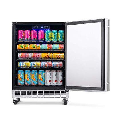 NewAir 24" Built-in 160 Can Outdoor Beverage Fridge in Weatherproof Stainless Steel with Auto-Closing Door and Easy Glide Casters. New Air Mini Fridge, Built-In or Freestanding Outdoor Fridge - CookCave