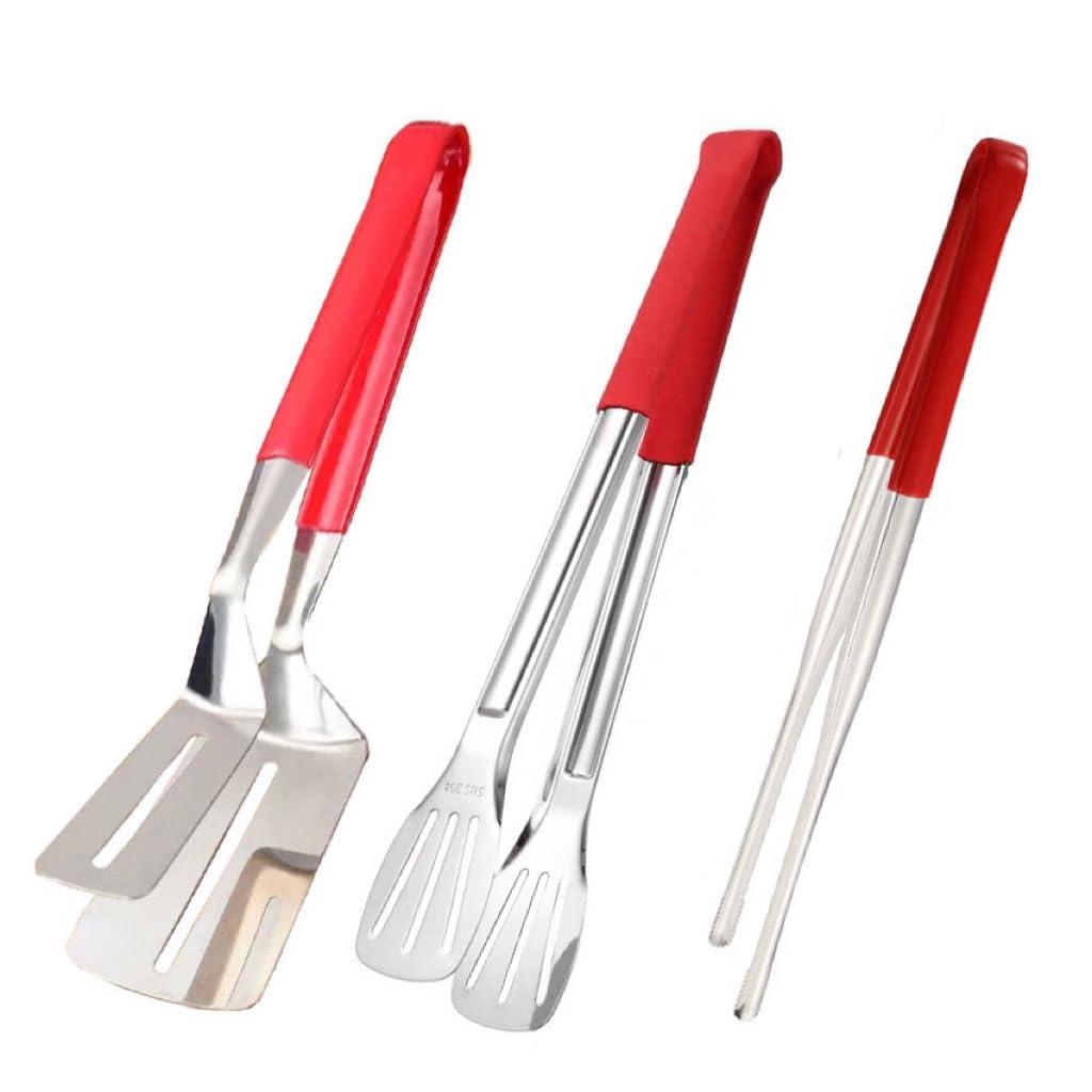 3Pcs 304 Stainless Steel Grill Clamp Kitchen Cooking Tongs Multipurpose Barbecue Clamp Spatula for Gripper Bread Clip, Fried Steak Clamp, Flipping Fish, Toast Salad Tongs(Red Anti-Scald Handle) - CookCave