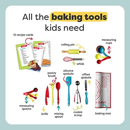 Baketivity 31 Pcs Kids Cooking & Baking Set with Kids Knife & Real Cooking Utensils - Kid Safe Knife & Cooking Tools - Kids Baking Set Gift for Girls & Boys Including Nylon Knife for Kids - CookCave