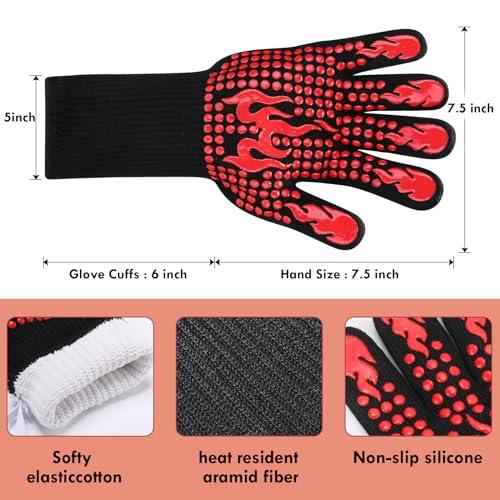Heat Resistant BBQ Gloves, 1472℉ Extreme Grill Gloves, Non-Slip Silicone Insulated Kitchen Oven Mitts for Barbecue, Baking, Cooking, Camping, Smoker (1 Pair, Black) - CookCave