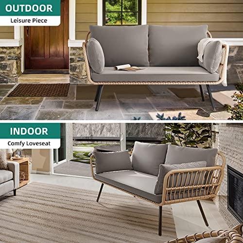 YITAHOME Patio Loveseat, All-Weather Wicker Rattan 2 Seater Sofa with Cushions & Lumbar Pillows, Outdoor Patio Furniture Set for Patio, Balcony, Backyard, Deck, Poolside - Grey - CookCave