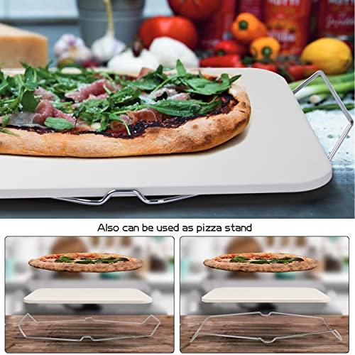 Pizza Stone for Oven and Grill, Rectangle Baking Stone 15 x 12 Inch with Free Pizza Cutter & Detachable Serving Rack, Safe Ceramic Cooking Stone for Crisp Crust Pizza Bread Cookie and More - CookCave