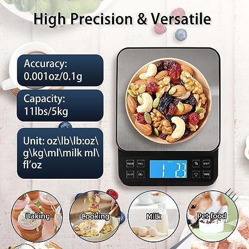 BOMATA Large Kitchen Scale with 0.1g/0.001oz High Precision, Bakery Scale with% Percentage Function, Capacity 5kg/11lbs, USB Rechargeable, Full-View Angle LCD with Backlight, Stainless Steel Pan - CookCave