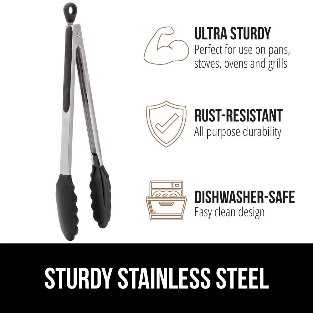 Gorilla Grip Stainless Steel Silicone Tongs Set of 2 and Heavy Duty Meat Tenderizer, Heat Resistant Silicone Tongs Size 7 and 9IN, Spiked Side Meat Tenderizer, Both In Black Color, 2 Item Bundle - CookCave