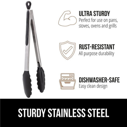 Gorilla Grip Stainless Steel Silicone Tongs Set of 2 and Heavy Duty Meat Tenderizer, Heat Resistant Silicone Tongs Size 7 and 9IN, Spiked Side Meat Tenderizer, Both In Black Color, 2 Item Bundle - CookCave