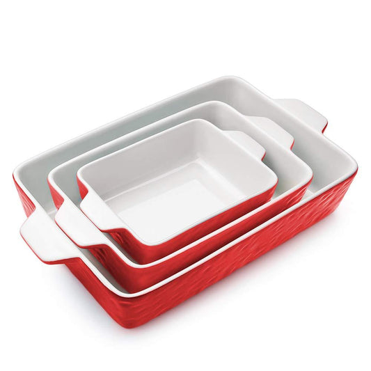 Krokori Casserole Dishes for Oven, Baking Dishes Lasagna Pan Ceramic Baking Pan Deep Glaze Bakeware for Cooking, Kitchen, Cake Dinner, Banquet and Daily Use, 3PCS (11.6 x 7.8 Inches, Red) - CookCave