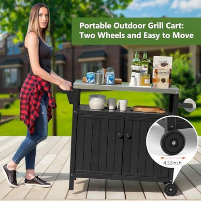 TORVA Portable Outdoor Grill Prep Table with Storage, Waterproof Outdoor Grill Cabinet, Stainless Steel Tabletop Outdoor Kitchen Island, BBQ Cart with Wheels, Hooks and Side Shelf (Black) - CookCave