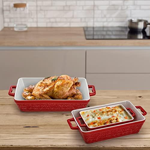 Hacaroa 3 Pack Ceramic Baking Dishes, Rectangular Bakeware with Handles, Elegant Casserole Dish Set Lasagna Pan, Baking Pans Set for Oven, Cooking, Banquet and Daily Use, Red, 3 Sizes - CookCave