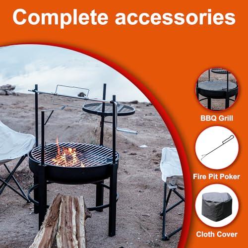 OutVue 26 inch Fire Pit with 2 Grills & 1 Rotisserie Kit, Wood Burning Fire Pits for Outside with Poker & Round Waterproof Cover, BBQ& Outdoor Firepit 2 in 1 for Patio, Picnic, Party - CookCave
