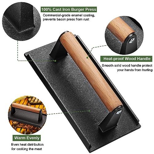 EWFEN Burger Press, 7" Round & 8.2"X4.3" Rectangle Heavy-Duty Cast Iron Smash Bacon Press Meat Steak with Wood Handle for Griddle, Sandwich, Nonstick Pan - CookCave