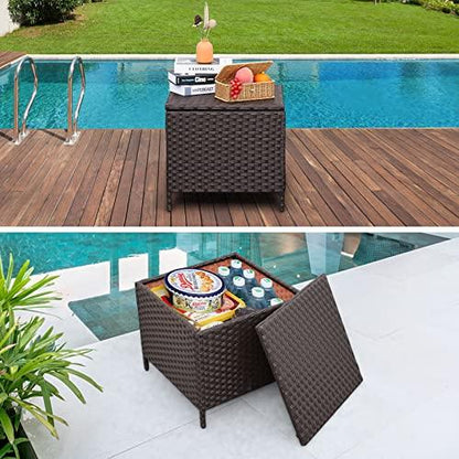 Outdoor PE Wicker Chaise Lounge Set, Patio Lounge Chairs, Outside Poolside Lounger Furniture Set of 3, Brown Rattan Recliners with Adjustable Backrest, Peacock Blue Cushions, and Storage Table - CookCave