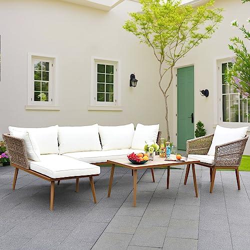 YITAHOME 3 Pieces Patio Furniture Set, Outdoor Rattan Woven Conversation Sectional L-Shaped Sofa with 5 Seater for Backyard, Porch, Boho Detachable Lounger with Cushions and Side Table - Beige - CookCave